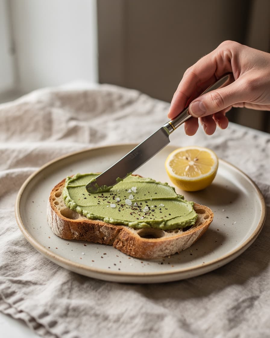 Steg 2: Mosa avokadon med pressad citron, salt och peppar och bred på toasten.