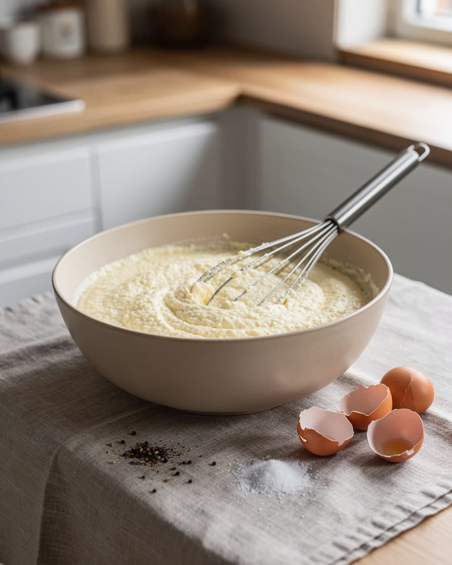 Steg 1: Sätt ugnen på 175 grader. Vispa ägg, keso, salt och svartpeppar i en bunke.