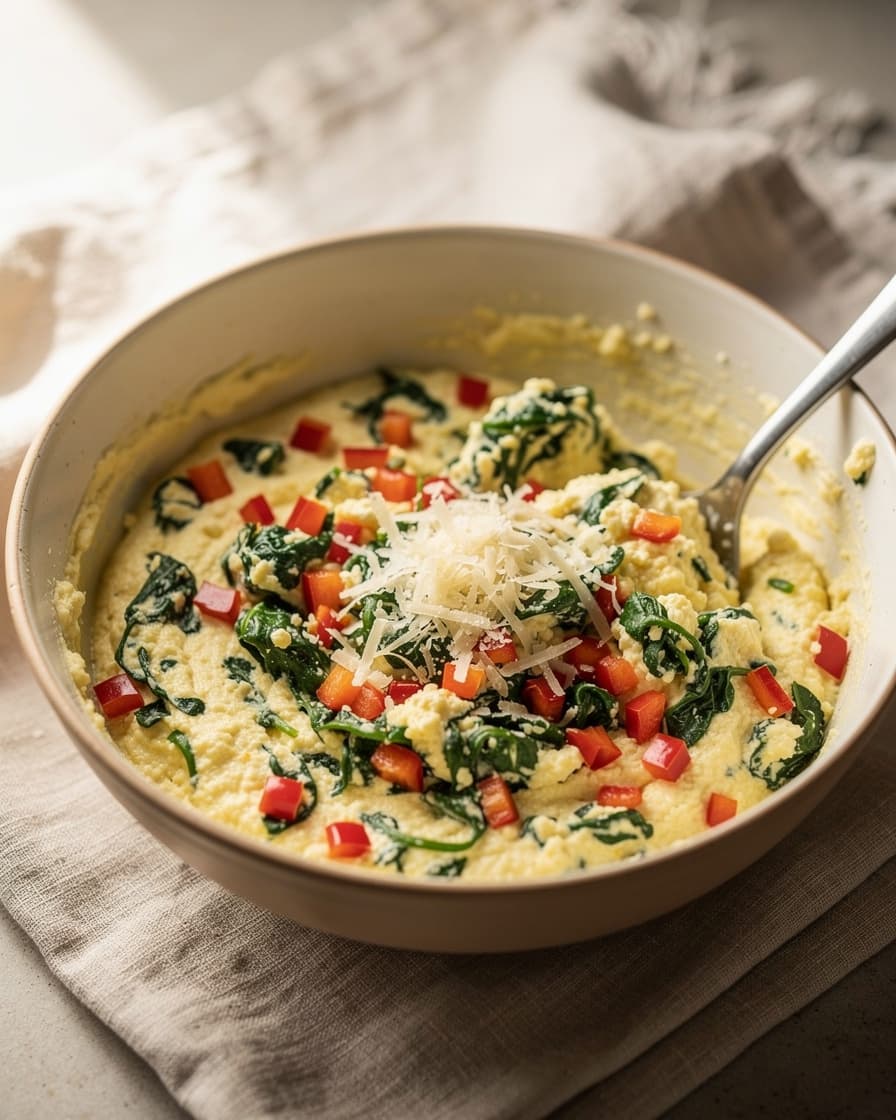 Steg 2: Hacka spenaten grovt och tärna paprikan fint. Vänd ner i smeten med riven parmesan.