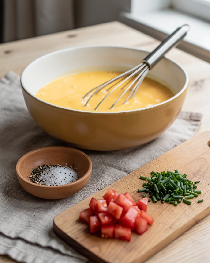 Steg 1: Vispa äggen med salt och svartpeppar. Tärna tomaterna och klipp gräslöken fint.