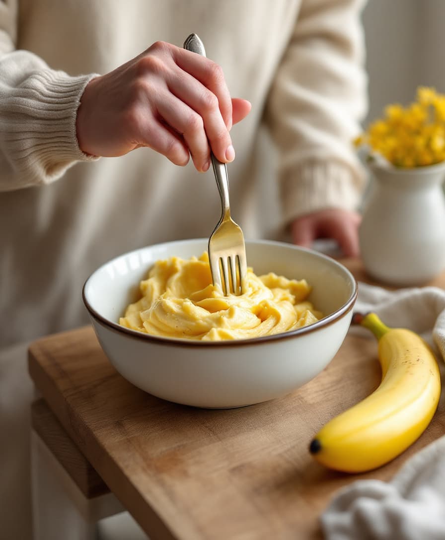 Steg 1: Sätt ugnen på 180°C. Mosa bananen slät i en bunke.