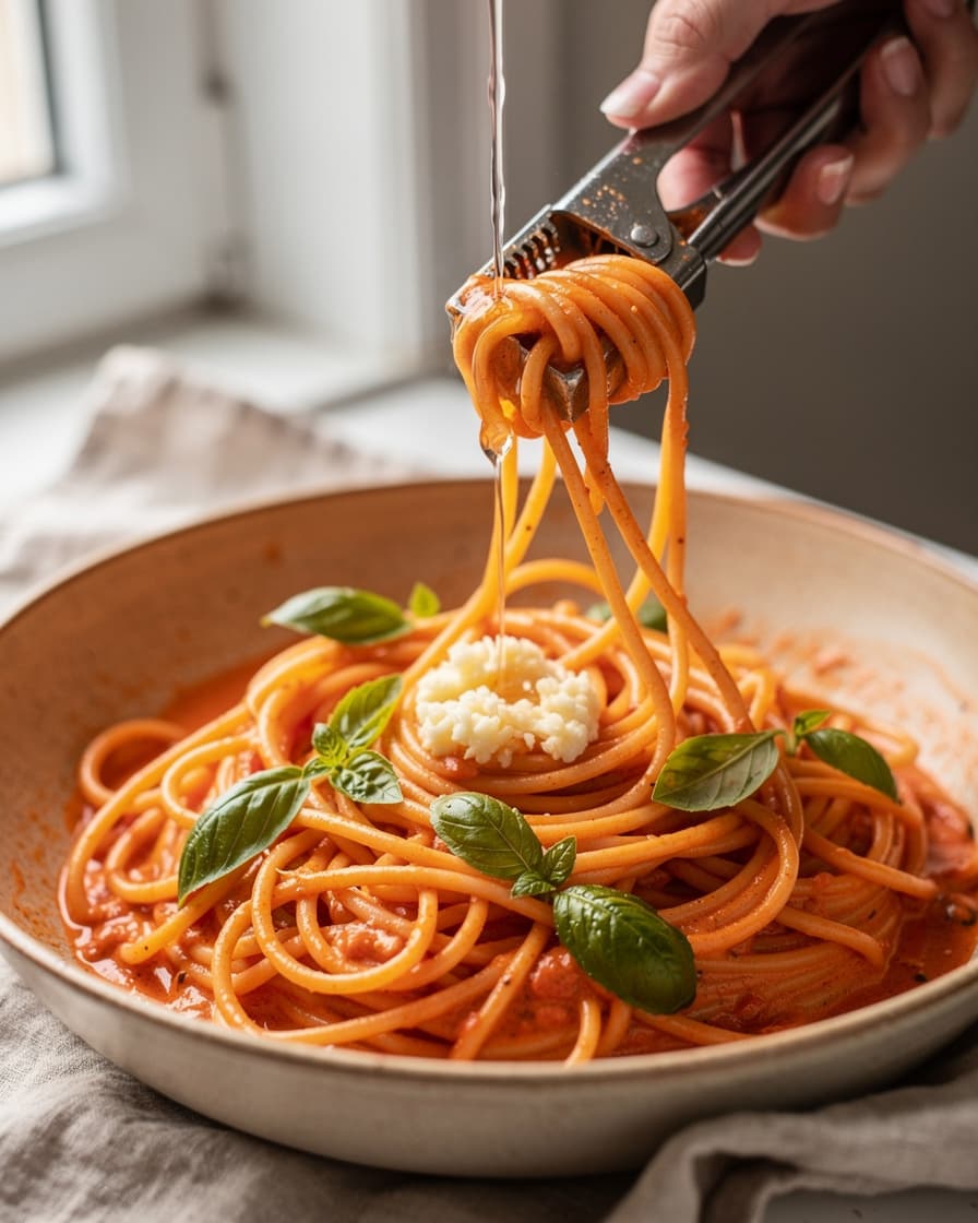 Steg 5: Pressa i vitlöken, rör ihop fetan och tomaterna till en krämig sås och blanda med pastan. Späd med pastavattnet tills såsen blir len och krämig. Toppa med basilika.