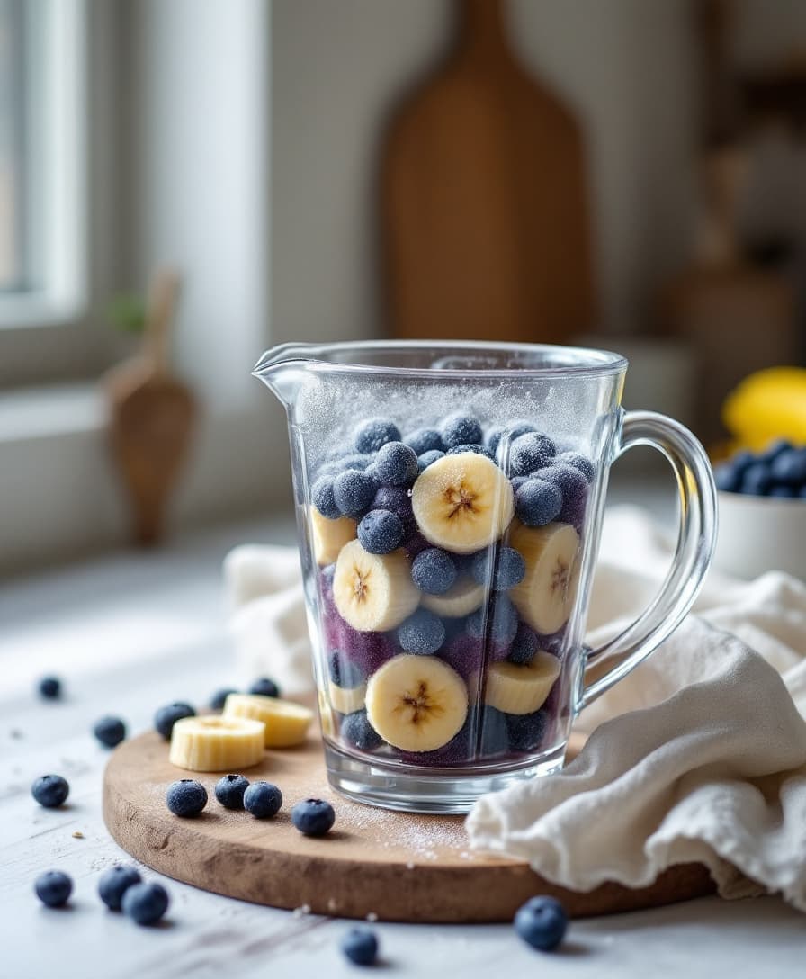 Steg 1: Lägg de frysta blåbären i mixern. Skala bananen, skär den i bitar och lägg i.