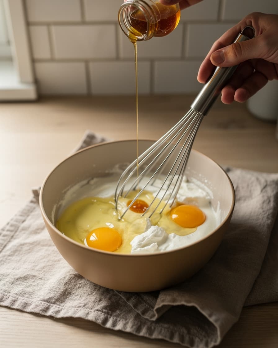 Steg 2: Vispa ihop ägg, kvarg och honung slätt i en bunke.