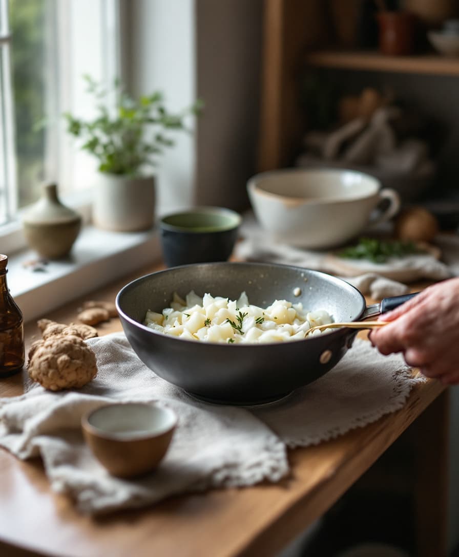 Steg 2: Hacka lök och vitlök. Fräs dem mjuka i kokosoljan i en stor panna tillsammans med ingefäran.