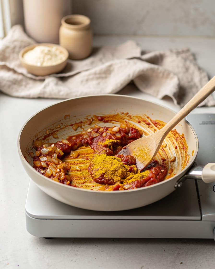 Steg 3: Rör ner curry och tomatpuré och fräs en minut tills kryddorna doftar.