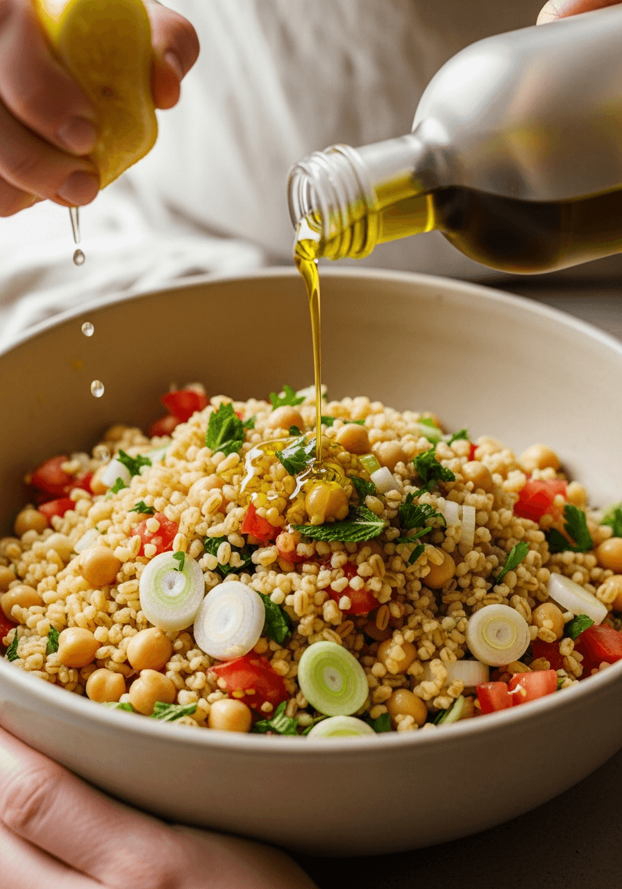 Steg 3: Blanda bulgur, kikärtor, örter, salladslök och tomat. Vänd i pressad citron, olivolja och salt.