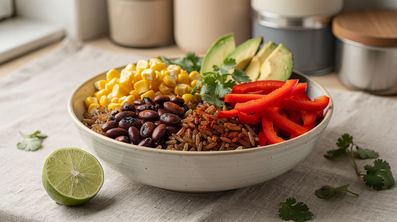 Foto: Burritobowl med svarta bönor, majs och lime