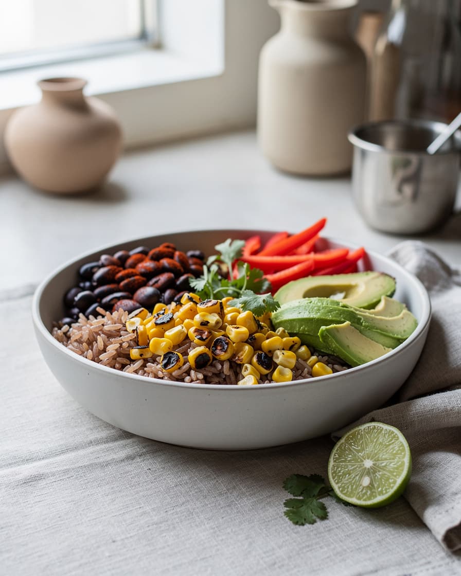 Foto: Burritobowl med svarta bönor, majs och lime