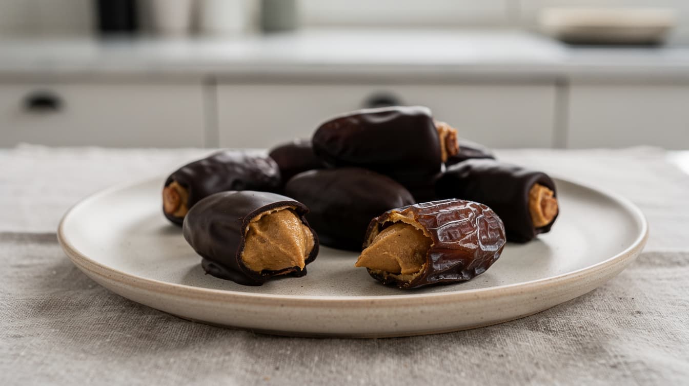 Foto: Chokladdadlar fyllda med mandelsmör
