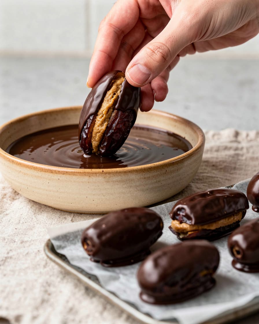 Steg 4: Doppa dadlarna i chokladen och lägg dem på ett fat med bakplåtspapper.