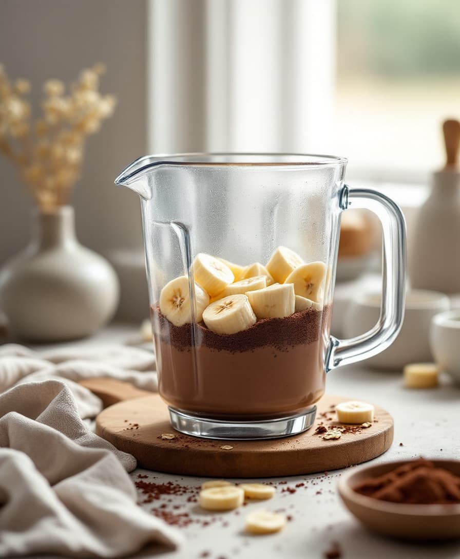 Steg 1: Skala bananen och skär den i bitar — gärna fryst, det ger en kallare och krämigare shake. Lägg bitarna i mixern.