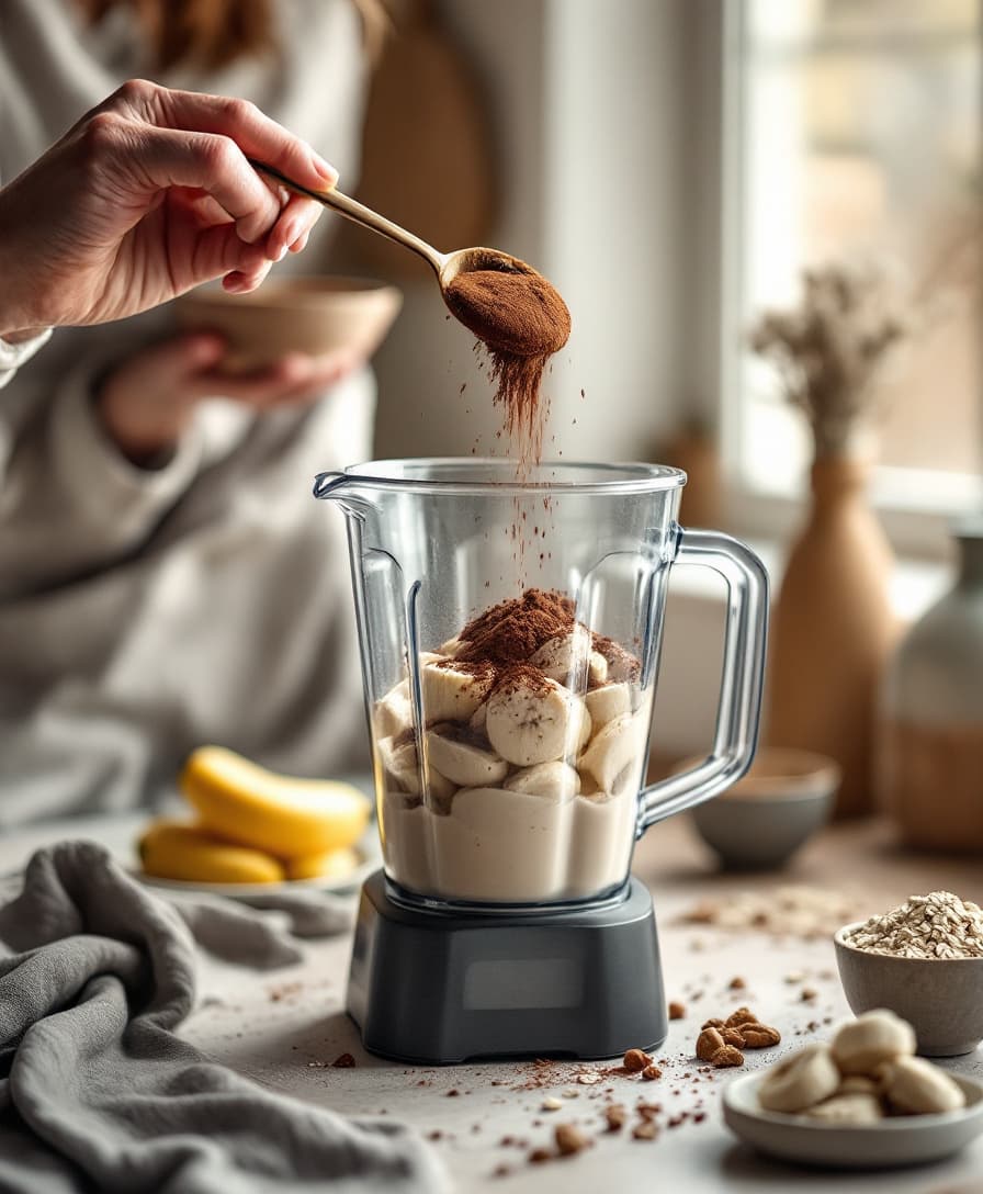Steg 2: Tillsätt proteinpulver, kakao, jordnötssmör och havredryck. Mixa på hög hastighet tills shaken är helt slät och krämig.