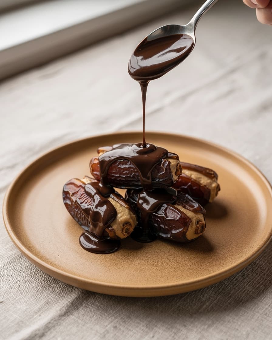 Steg 3: Lägg dadlarna på ett fat och ringla över chokladen så de täcks.