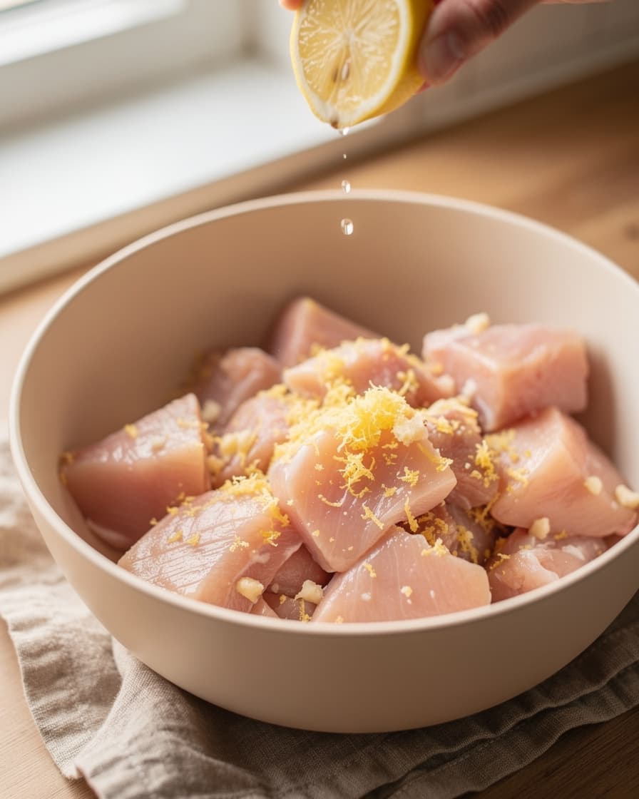 Steg 2: Skär kycklingfilén i stora bitar. Vänd den med pressad vitlök, rivet citronskal och hälften av citronsaften.