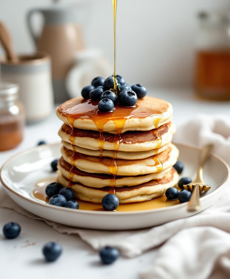 Steg 5: Stapla pannkakorna, toppa med blåbär och ringla över honungen.