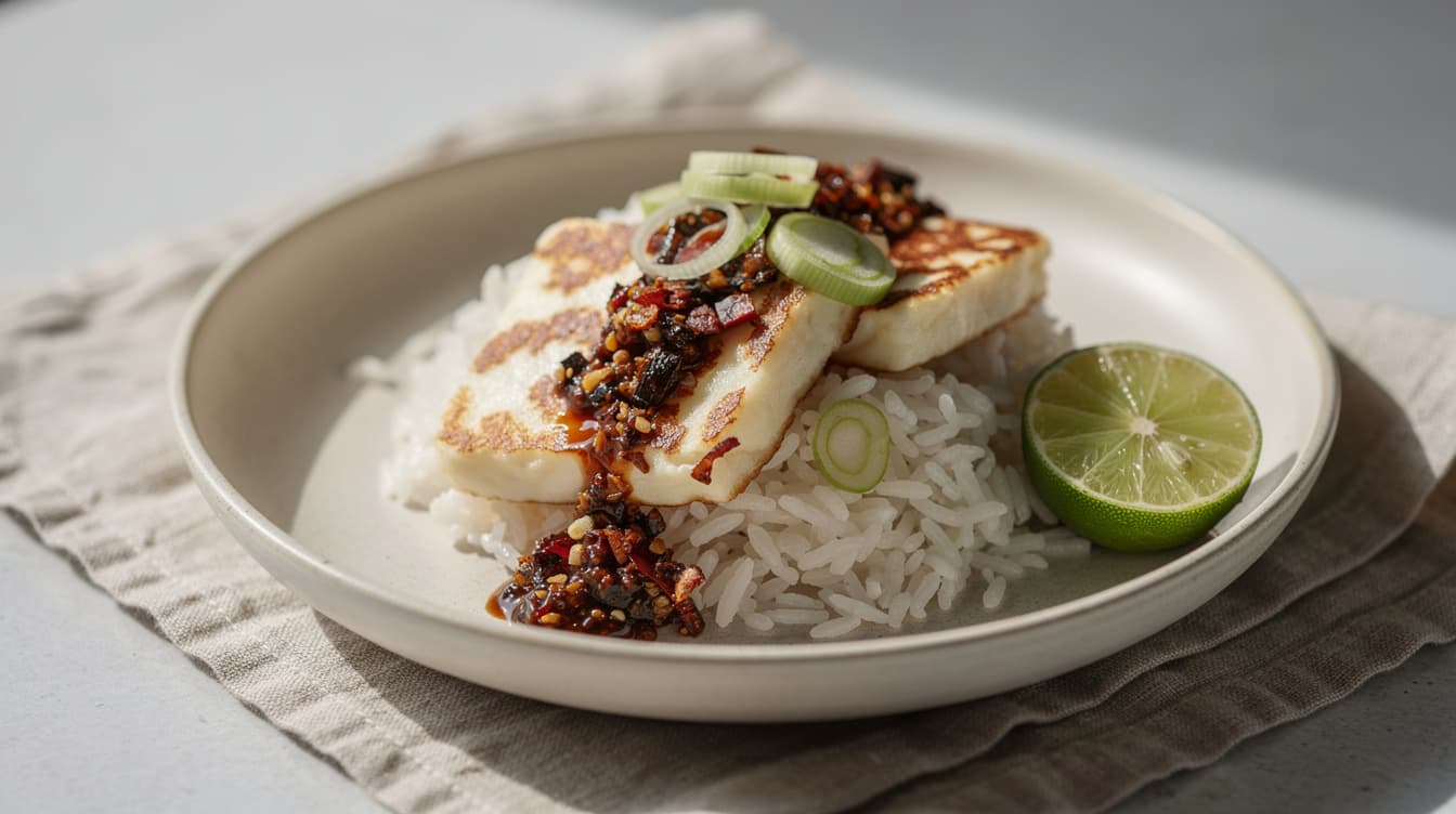 Foto: Crispy halloumi med chilicrisp och ris