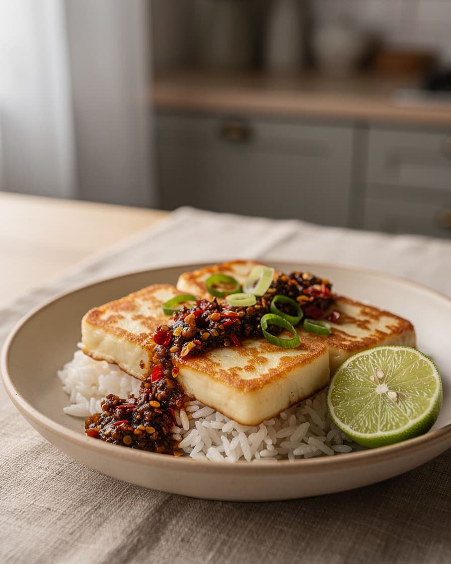 Foto: Crispy halloumi med chilicrisp och ris