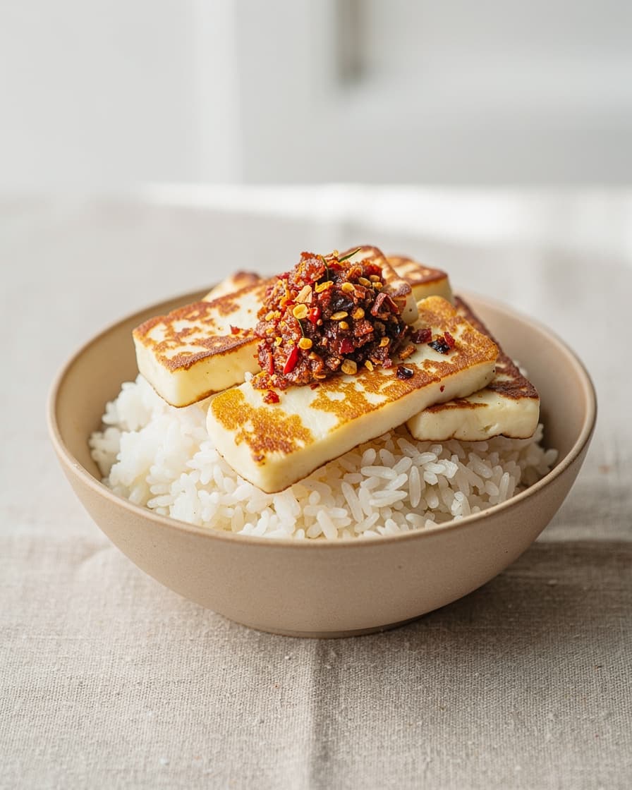 Steg 4: Lägg upp ris och halloumi och ringla över chilicrisp.