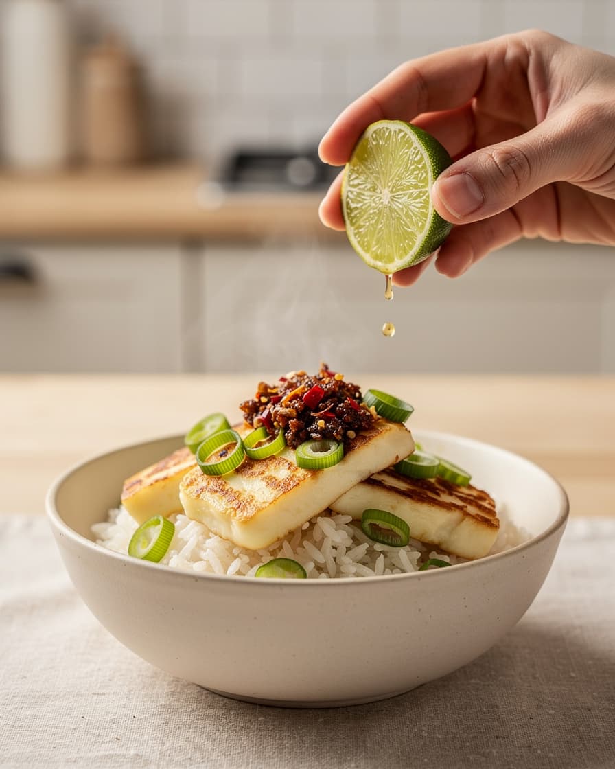 Steg 5: Toppa med strimlad salladslök och pressa över lime.