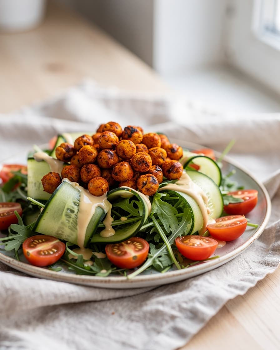 Steg 4: Lägg upp ruccola, skivad gurka och halverade tomater på ett fat. Toppa med de crispy kikärtorna och ringla över tahini-dressingen.