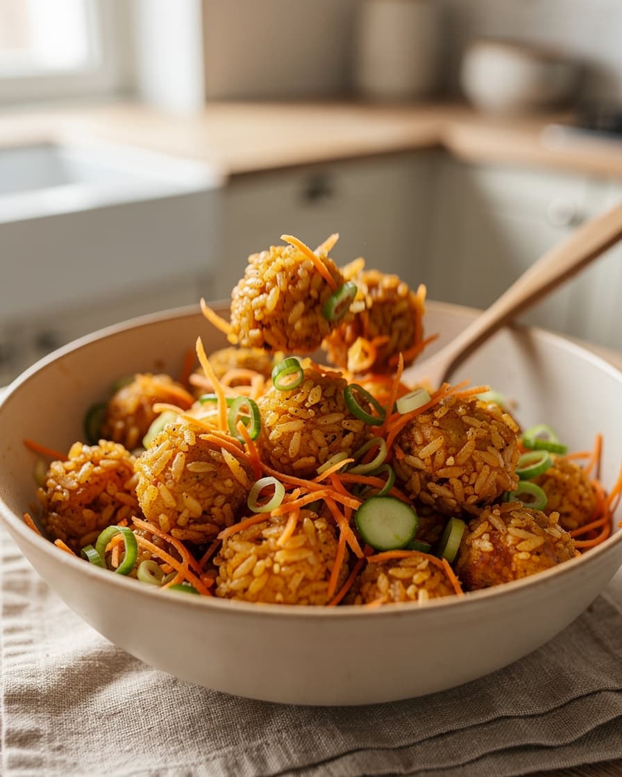 Steg 3: Riv moroten grovt och skiva gurka och salladslök. Blanda med det crispy riset.