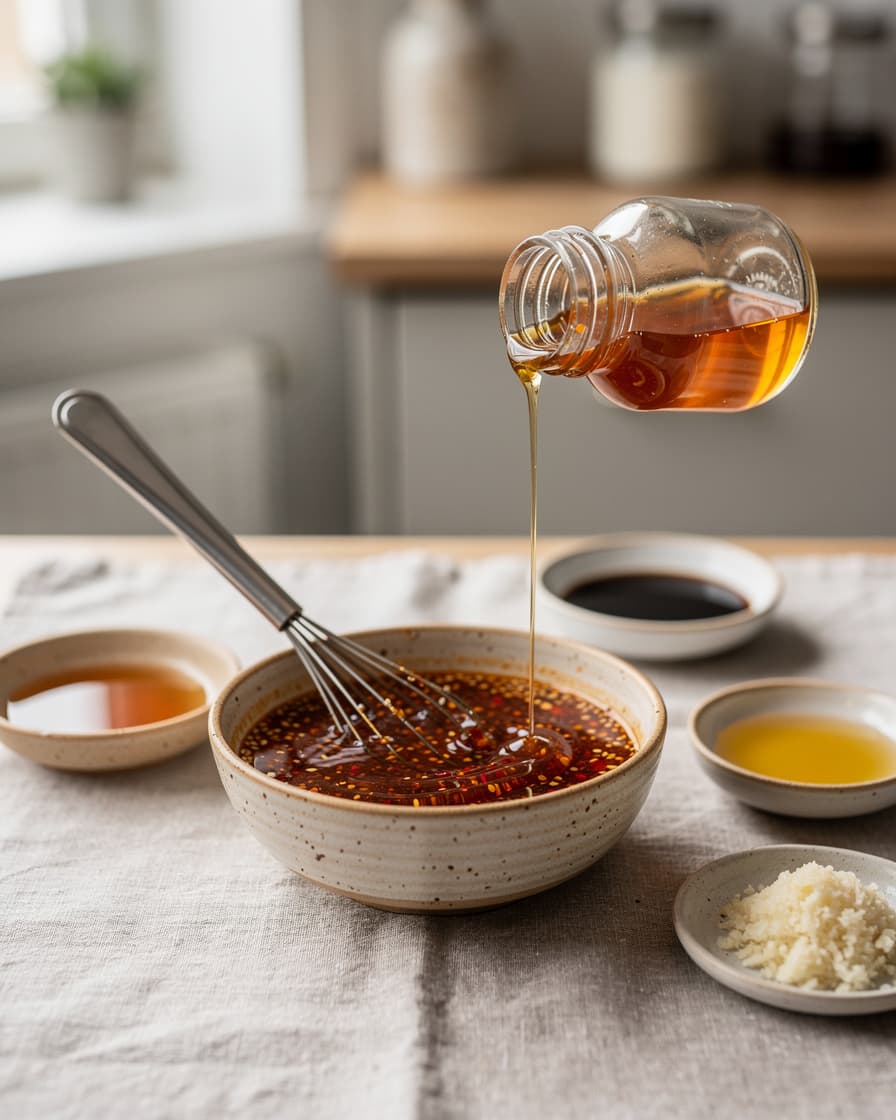 Steg 3: Rör ihop risvinäger, sojasås, sesamolja, pressad vitlök, honung och chilicrisp till en dressing.