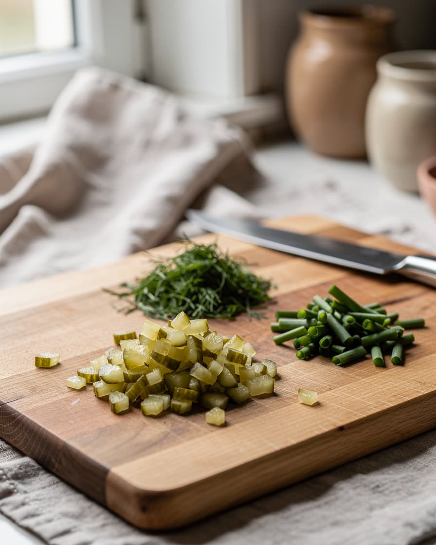 Steg 1: Finhacka saltgurka, dill och gräslök.