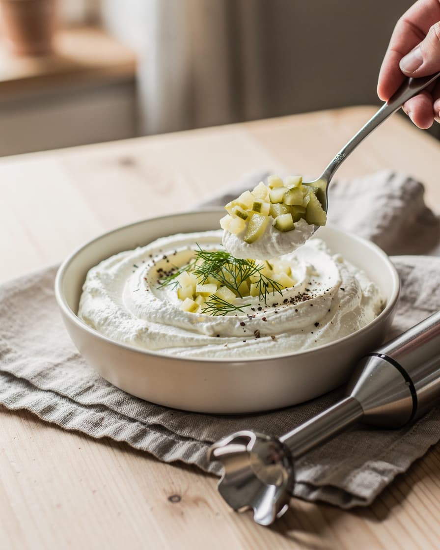 Steg 2: Mixa keson slät och krämig med en stavmixer. Rör ner saltgurka, dill och gräslök och smaka av med svartpeppar — saltgurkan ger all sälta som behövs.
