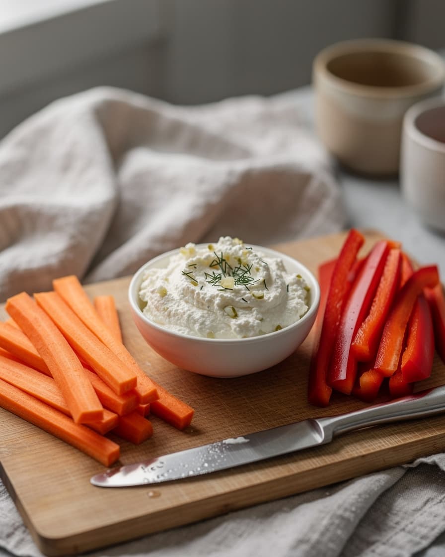 Steg 3: Skär morot och paprika i stavar och servera dem till dippen.