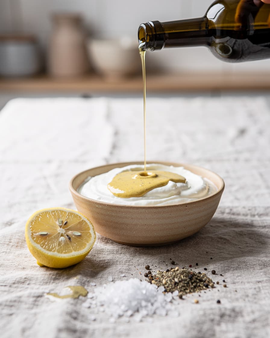 Steg 3: Rör ihop grekisk yoghurt, olivolja, dijonsenap, citronsaft, salt och svartpeppar till en slät dressing.