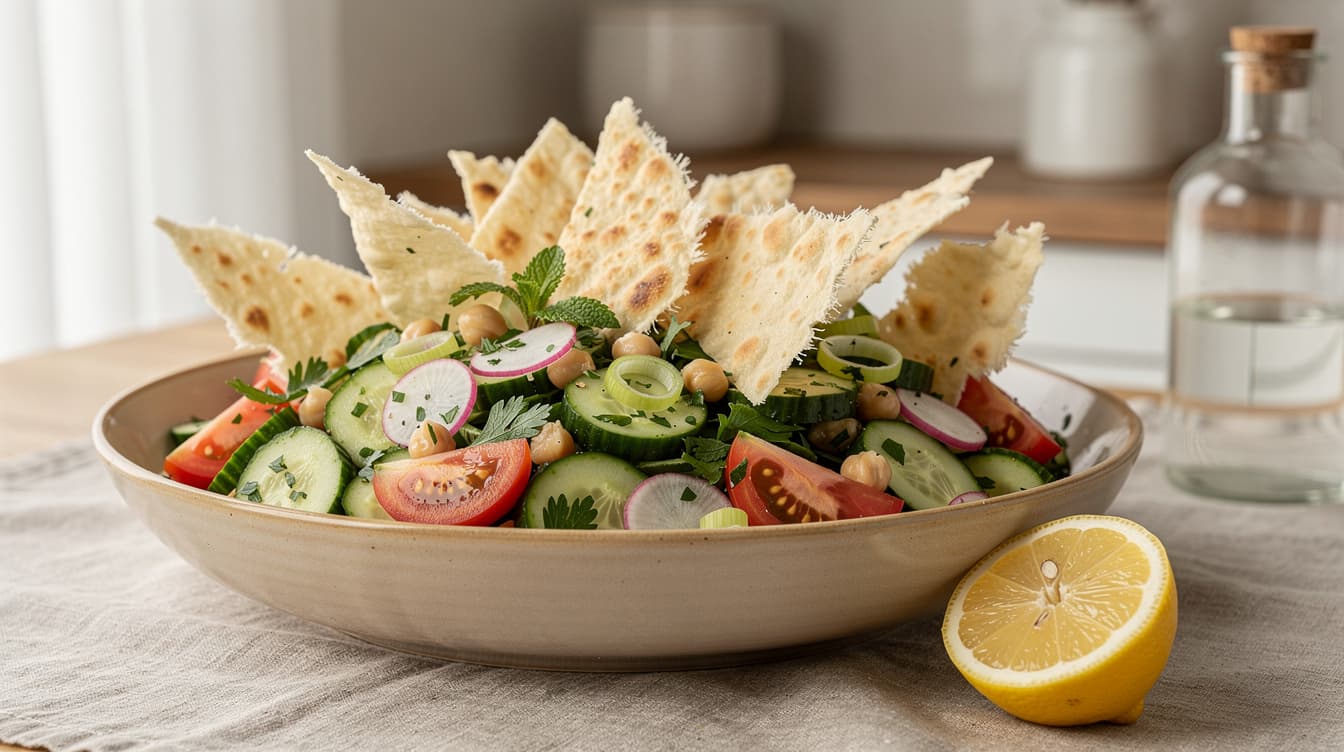 Foto: Fattoush med krispigt pitabröd och kikärtor