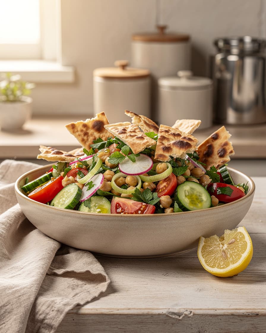 Foto: Fattoush med krispigt pitabröd och kikärtor