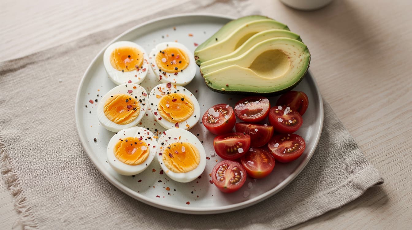 Foto: Frukosttallrik med kokta ägg och avokado
