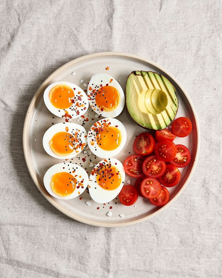Foto: Frukosttallrik med kokta ägg och avokado