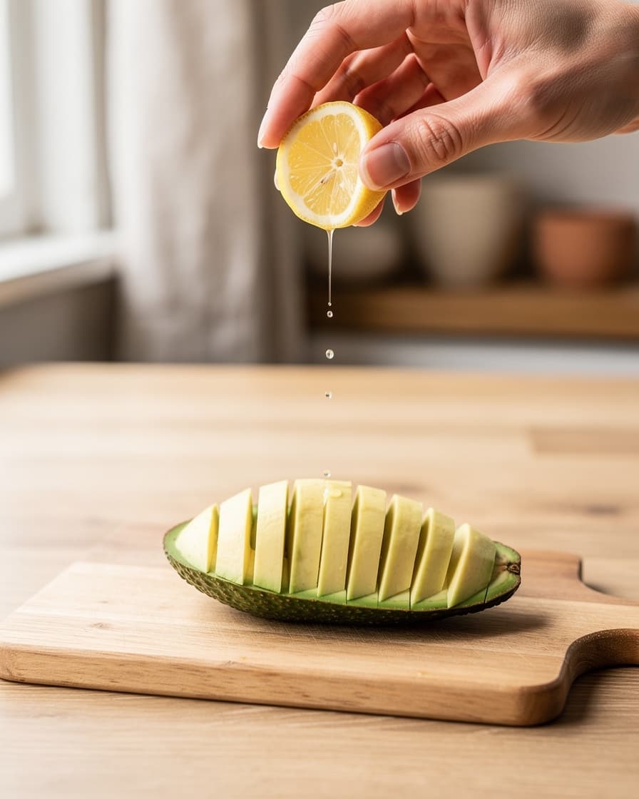 Steg 2: Halvera, kärna ur och skiva avokadohalvan. Pressa över citron direkt så den håller färgen.