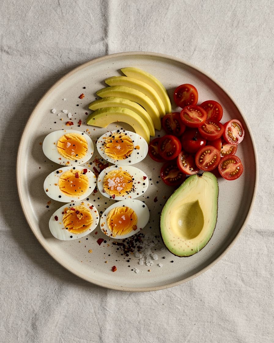 Steg 3: Halvera äggen och lägg upp på en tallrik med avokadon och tomaterna. Strö över flingsalt, svartpeppar och chiliflingor.