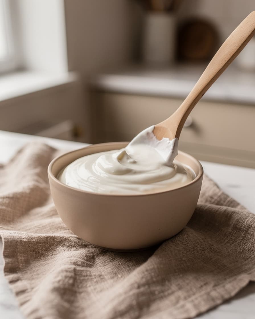 Steg 1: Rör ihop kvarg, grekisk yoghurt och vaniljpulver till en tjock, slät kräm.