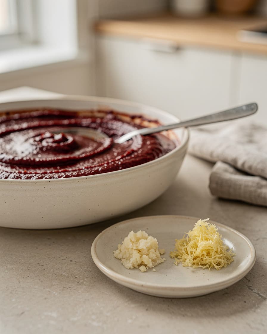 Steg 2: Rör ihop gochujang, sojasås, honung, pressad vitlök, riven ingefära och vatten till en slät, tjockflytande glasyr.