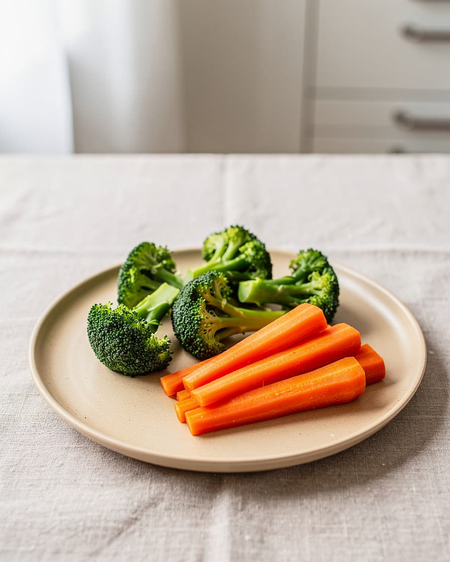 Steg 4: Dela broccolin i buketter och skär morötterna i stavar. Koka dem i lättsaltat vatten eller ångkoka 3–4 minuter så att de behåller färg och tuggmotstånd.
