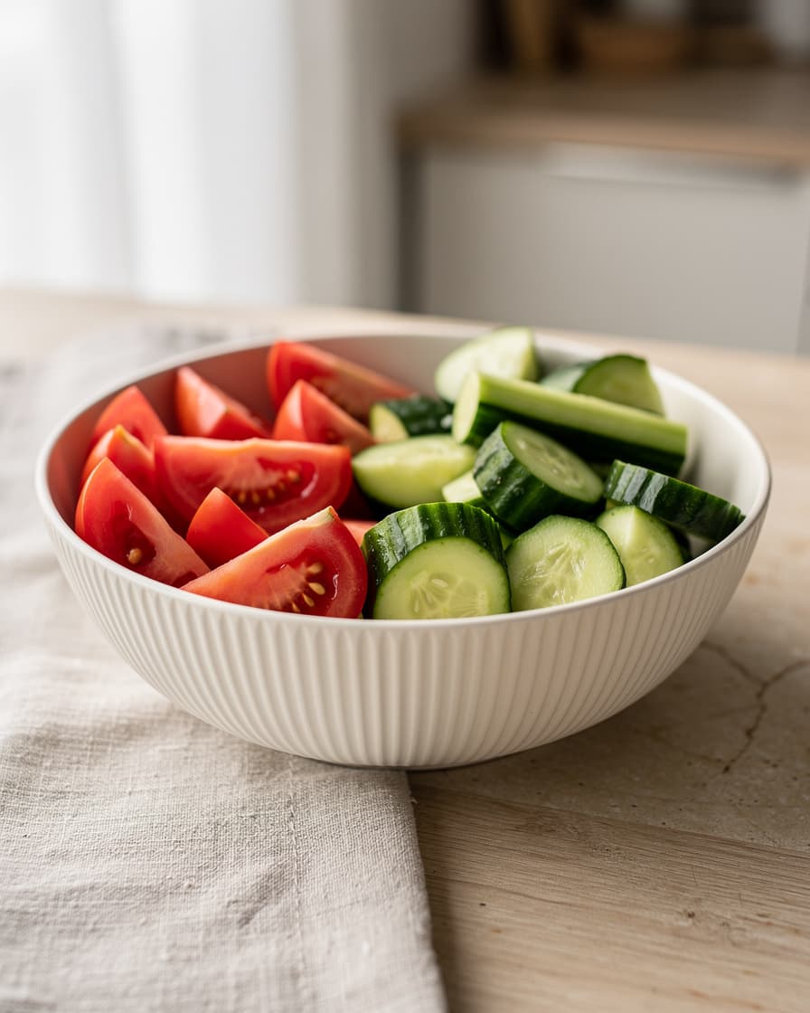Steg 1: Skär tomaterna i klyftor och gurkan i tjocka halvmånar. Lägg i en stor skål.