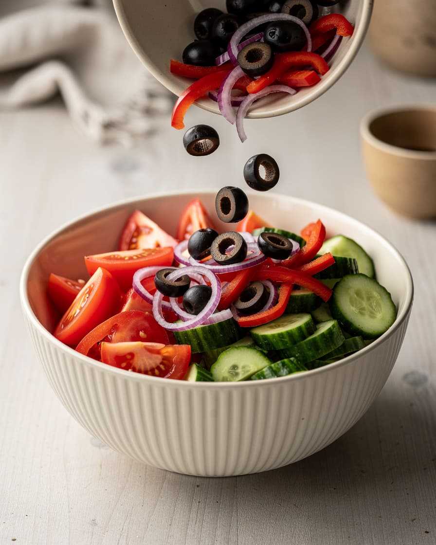 Steg 2: Tillsätt strimlad paprika, tunt skivad rödlök och oliver.