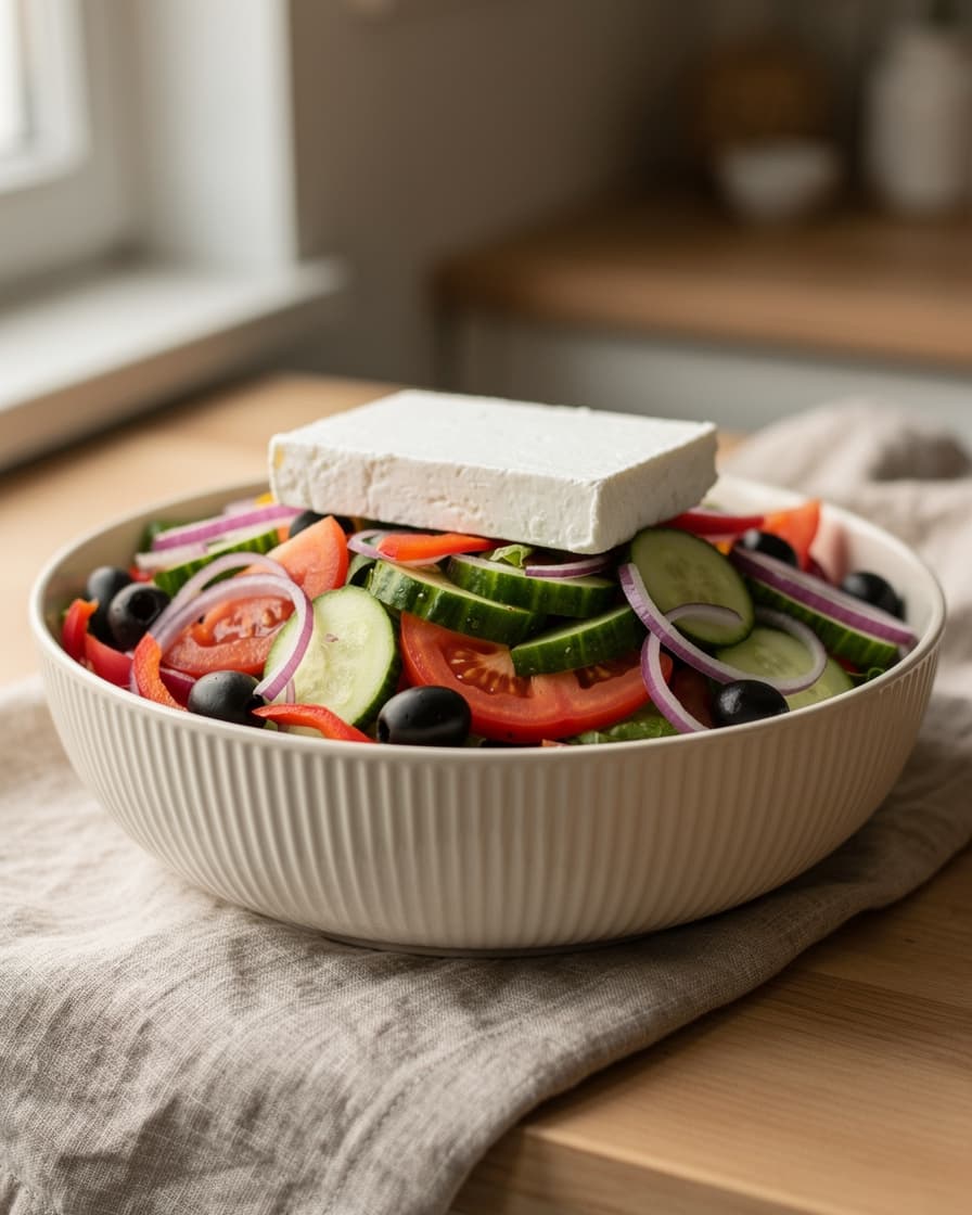 Steg 3: Lägg en hel skiva fetaost ovanpå salladen.
