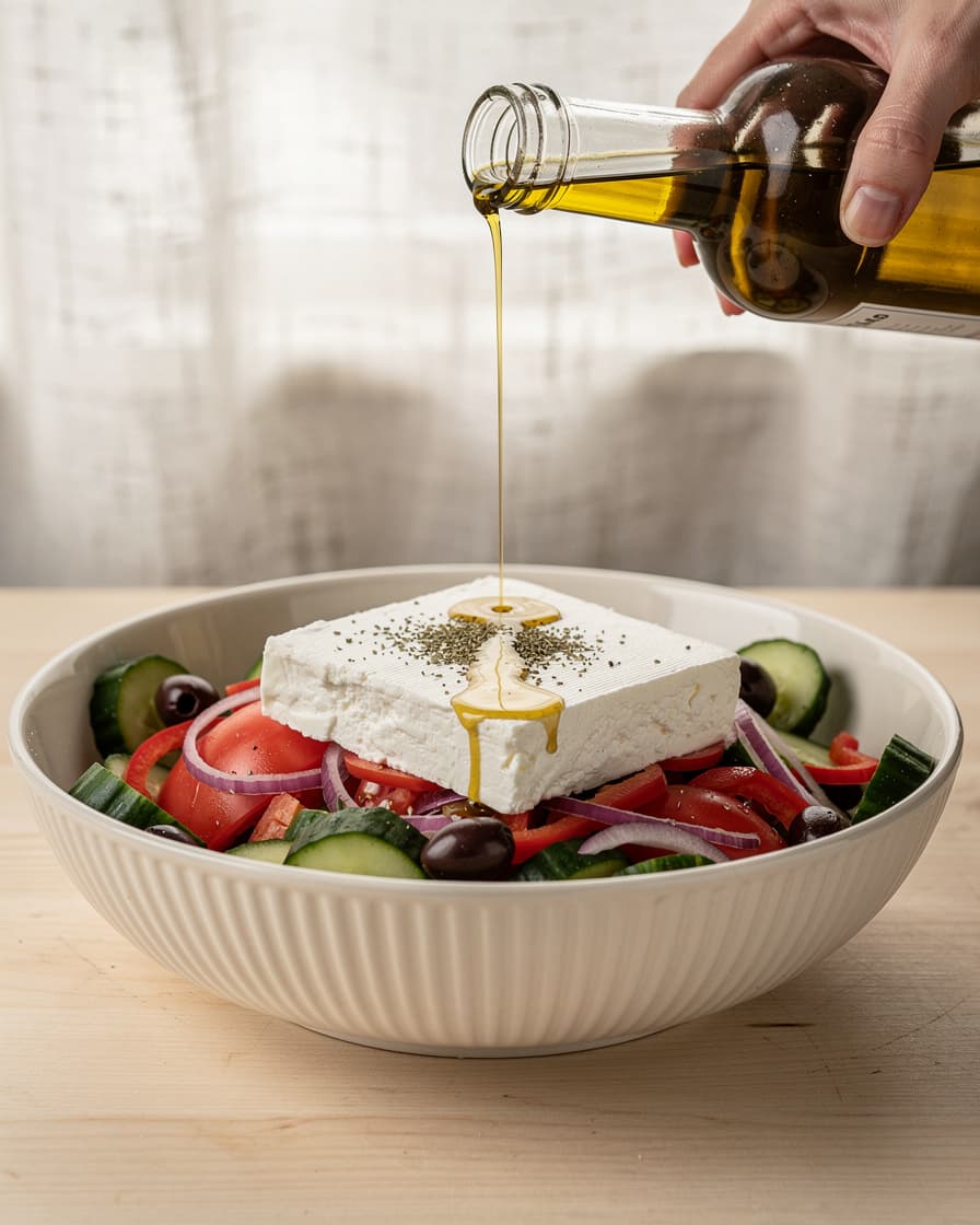 Steg 4: Ringla över olivolja och strö oregano över fetaosten. Servera gärna med gott bröd.