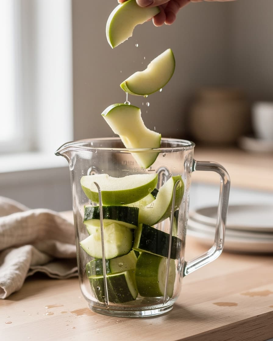 Steg 1: Skölj äpplena, ta bort kärnhusen och skär dem i bitar. Skär gurkan i grova bitar. Lägg allt i mixern.