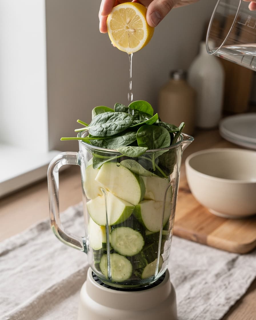 Steg 2: Tillsätt spenaten, pressa i saften från citronen och häll på vattnet. Mixa länge tills drycken är helt slät och klargrön.