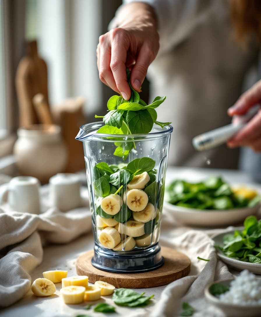 Steg 1: Skölj spenaten. Skala bananen och skär den i bitar. Lägg allt i mixern.