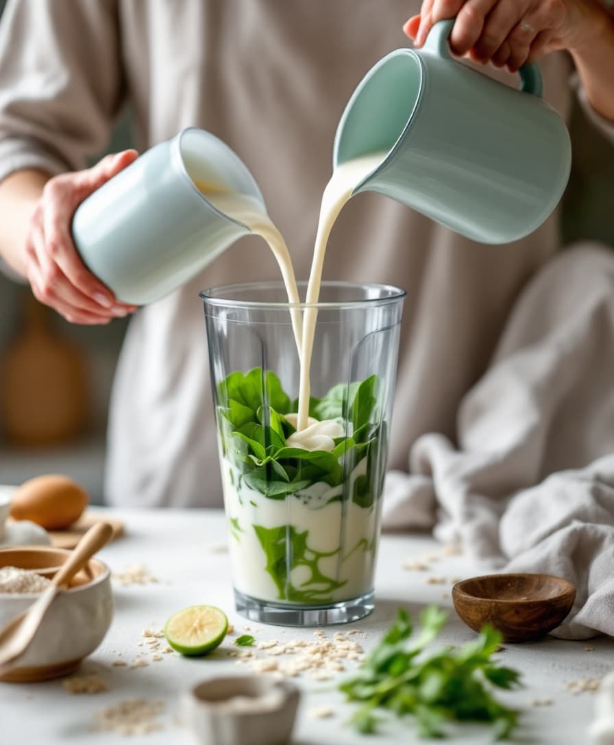 Steg 2: Tillsätt kvarg och havredryck. Mixa länge, tills shaken är helt slät och jämnt grön utan små spenatbitar.