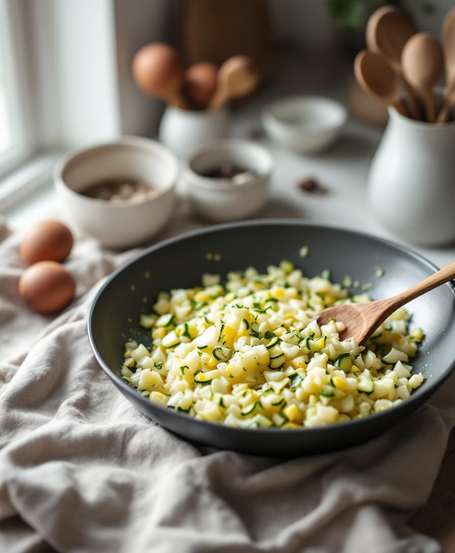 Steg 1: Hacka lök och vitlök och riv zucchinin grovt. Fräs allt mjukt i olivoljan i en stekpanna.