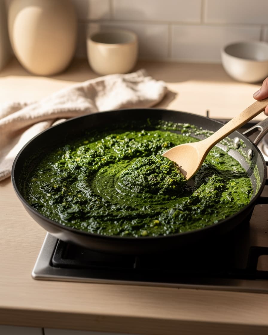 Steg 2: Tillsätt spiskummin, spenaten och crème fraichen och låt spenaten sjunka ihop till en krämig, grön sås. Smaka av med salt och peppar.